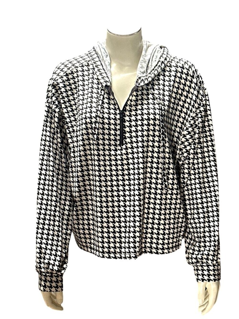 Full Circle Trends XLarge Black White Houndstooth Zip Front Hoodie Relaxed Retro